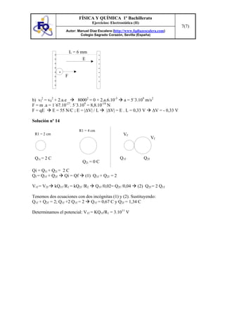 FÍSICA Y QUÍMICA 1º Bachillerato
                                   Ejercicios: Electrostática (II)
                                                                                   7(7)
                   Autor: Manuel Díaz Escalera (http://www.fqdiazescalera.com)
                           Colegio Sagrado Corazón, Sevilla (España)




                       L = 6 mm
             +                           -
             +                E          -
             +                           -
             +                           -
             + +                         -
             +     F                     -
             +                           -
             +


b) vf2 = v02 + 2.a.e      80002 = 0 + 2.a.6.10-3 a = 5´3.109 m/s2
F = m .a = 1´67.10-27. 5´3.109 = 8,8.10-18 N
F = qE      E = 55 N/C ; E = |∆V| / L      |∆V| = E . L = 0,33 V ∆V = - 0,33 V

Solución nº 14

                            R1 = 4 cm
 R1 = 2 cm                                             Vf
                                                                           Vf



 Q1i = 2 C                                           Q1f             Q2f
                             Q2i = 0 C
Qi = Q1i + Q2i = 2 C
Qf = Q1f + Q2f    Qi = Qf      (1) Q1f + Q2f = 2

V1f = V2f    kQ1f /R1 = kQ2f /R2        Q1f /0,02= Q2f /0,04     (2) Q2f = 2 Q1f

Tenemos dos ecuaciones con dos incógnitas (1) y (2). Sustituyendo:
Q1f + Q2f = 2; Q1f +2 Q1f = 2 Q1f = 0,67 C y Q2f = 1,34 C

Determinamos el potencial: V1f = KQ1f/R1 = 3.1011 V
 