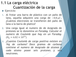  Ejercicio:
1. Al frotar una barra de plástico con un paño de
lana, aquella adquiere una carga de −0.8 𝜇𝐶.
¿Cuántos electrones se transfieren del paño de
lana a la barra de platico?
2. Una carga igual al numero de de Avogrado de
protones se le donomina un Faraday. Calcular el
numero de Coulomb que hay en un Faraday.
(𝑁𝐴 = 6.02 × 1023
)
3. ¿Cuantos Coulomb de carga positiva existen en
1kg de carbono? Doce gramos de carbono
contiene el numero de Avogrado de atomos y
cada atomo posee seis protones y seis
neutrones.
1.1 La carga eléctrica
Cuantización de la carga
 
