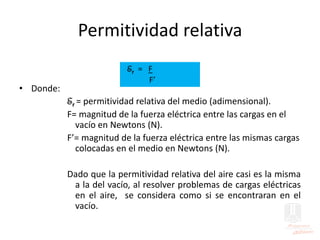 Permitividad relativa
• Donde:
Er = permitividad relativa del medio (adimensional).
F= magnitud de la fuerza eléctrica entre las cargas en el
vacío en Newtons (N).
F’= magnitud de la fuerza eléctrica entre las mismas cargas
colocadas en el medio en Newtons (N).
Dado que la permitividad relativa del aire casi es la misma
a la del vacío, al resolver problemas de cargas eléctricas
en el aire, se considera como si se encontraran en el
vacío.
Er = F
F’
 