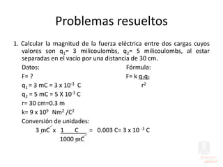 Problemas resueltos
1. Calcular la magnitud de la fuerza eléctrica entre dos cargas cuyos
valores son q1= 3 milicoulombs, q2= 5 milicoulombs, al estar
separadas en el vacío por una distancia de 30 cm.
Datos: Fórmula:
F= ? F= k q1q2
q1 = 3 mC = 3 x 10-3 C r2
q2 = 5 mC = 5 X 10-3 C
r= 30 cm=0.3 m
k= 9 x 109 Nm2 /C2
Conversión de unidades:
3 mC x 1 C = 0.003 C= 3 x 10 -3 C
1000 mC
 