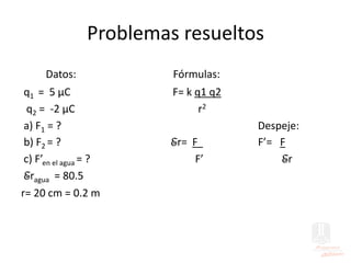 Problemas resueltos
Datos: Fórmulas:
q1 = 5 µC F= k q1 q2
q2 = -2 µC r2
a) F1 = ? Despeje:
b) F2 = ? Er= F F’= F
c) F’en el agua = ? F’ Er
Eragua = 80.5
r= 20 cm = 0.2 m
 