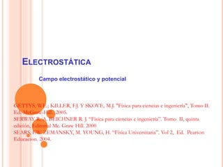 ELECTROSTÁTICA
Campo electrostático y potencial
GETTYS, W.E.; KILLER, F.J. Y SKOVE, M.J. "Física para ciencias e ingeniería", Tomo II.
Ed. McGraw-Hill. 2005.
SERWAY R. A. BEICHNER R. J. “Física para ciencias e ingeniería”. Tomo II, quinta
edición, Editorial Mc. Graw Hill. 2000
SEARS, F.W. ZEMANSKY, M. YOUNG, H. “Física Universitaria”. Vol 2, Ed. Pearson
Educacion. 2004.
 