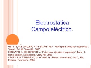 Electrostática
Campo eléctrico.
GETTYS, W.E.; KILLER, F.J. Y SKOVE, M.J. "Física para ciencias e ingeniería",
Tomo II. Ed. McGraw-Hill. 2005.
SERWAY R. A. BEICHNER R. J. “Física para ciencias e ingeniería”. Tomo II,
quinta edición, Editorial Mc. Graw Hill. 2000
SEARS, F.W. ZEMANSKY, M. YOUNG, H. “Física Universitaria”. Vol 2, Ed.
Pearson Educacion. 2004.
 