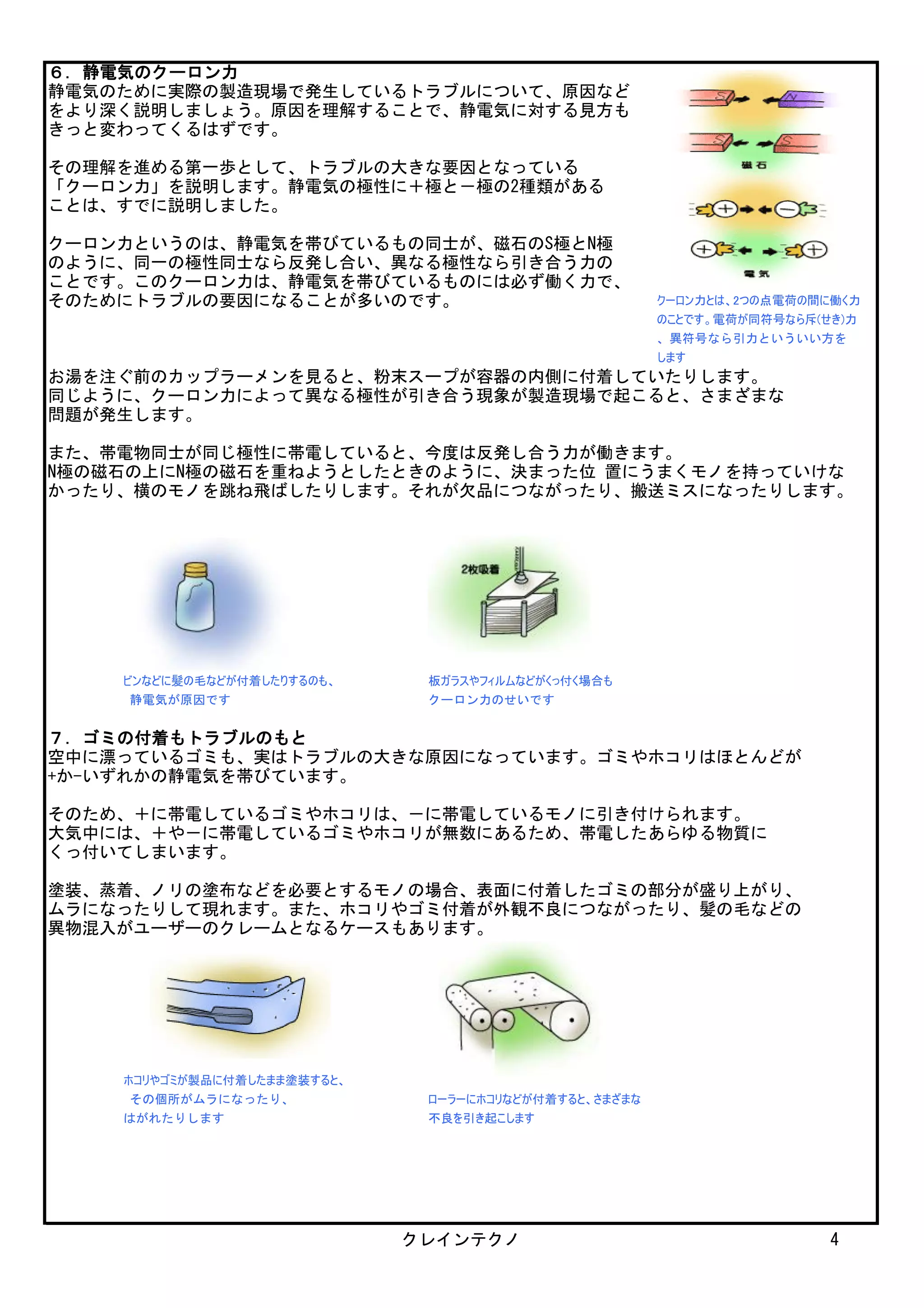 ６．静電気のクーロン力
静電気のために実際の製造現場で発生しているトラブルについて、原因など
をより深く説明しましょう。原因を理解することで、静電気に対する見方も
きっと変わってくるはずです。
その理解を進める第一歩として、トラブルの大きな要因となっている
「クーロン力」を説明します。静電気の極性に＋極と－極の2種類がある
ことは、すでに説明しました。
クーロン力というのは、静電気を帯びているもの同士が、磁石のS極とN極
のように、同一の極性同士なら反発し合い、異なる極性なら引き合う力の
ことです。このクーロン力は、静電気を帯びているものには必ず働く力で、
そのためにトラブルの要因になることが多いのです。 クーロン力とは、2つの点電荷の間に働く力
のことです。電荷が同符号なら斥(せき)力
、異符号なら引力といういい方を
します
お湯を注ぐ前のカップラーメンを見ると、粉末スープが容器の内側に付着していたりします。
同じように、クーロン力によって異なる極性が引き合う現象が製造現場で起こると、さまざまな
問題が発生します。
また、帯電物同士が同じ極性に帯電していると、今度は反発し合う力が働きます。
N極の磁石の上にN極の磁石を重ねようとしたときのように、決まった位 置にうまくモノを持っていけな
かったり、横のモノを跳ね飛ばしたりします。それが欠品につながったり、搬送ミスになったりします。
ビンなどに髪の毛などが付着したりするのも、 板ガラスやフィルムなどがくっ付く場合も
静電気が原因です クーロン力のせいです
７．ゴミの付着もトラブルのもと
空中に漂っているゴミも、実はトラブルの大きな原因になっています。ゴミやホコリはほとんどが
+か-いずれかの静電気を帯びています。
そのため、＋に帯電しているゴミやホコリは、－に帯電しているモノに引き付けられます。
大気中には、＋や－に帯電しているゴミやホコリが無数にあるため、帯電したあらゆる物質に
くっ付いてしまいます。
塗装、蒸着、ノリの塗布などを必要とするモノの場合、表面に付着したゴミの部分が盛り上がり、
ムラになったりして現れます。また、ホコリやゴミ付着が外観不良につながったり、髪の毛などの
異物混入がユーザーのクレームとなるケースもあります。
ホコリやゴミが製品に付着したまま塗装すると、
その個所がムラになったり、 ローラーにホコリなどが付着すると、さまざまな
はがれたりします 不良を引き起こします
クレインテクノ 4
 