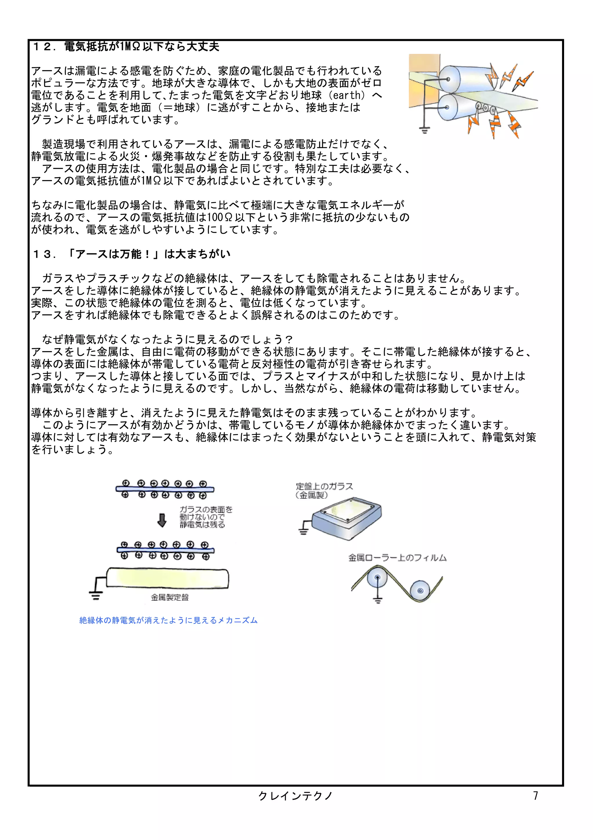１２．電気抵抗が1MΩ以下なら大丈夫
アースは漏電による感電を防ぐため、家庭の電化製品でも行われている
ポピュラーな方法です。地球が大きな導体で、しかも大地の表面がゼロ
電位であることを利用して､たまった電気を文字どおり地球（earth）へ
逃がします。電気を地面（＝地球）に逃がすことから、接地または
グランドとも呼ばれています。
　製造現場で利用されているアースは、漏電による感電防止だけでなく、
静電気放電による火災・爆発事故などを防止する役割も果たしています。
　アースの使用方法は、電化製品の場合と同じです。特別な工夫は必要なく、
アースの電気抵抗値が1MΩ以下であればよいとされています。
ちなみに電化製品の場合は、静電気に比べて極端に大きな電気エネルギーが
流れるので、アースの電気抵抗値は100Ω以下という非常に抵抗の少ないもの
が使われ、電気を逃がしやすいようにしています。
１３．「アースは万能！」は大まちがい
　ガラスやプラスチックなどの絶縁体は、アースをしても除電されることはありません。
アースをした導体に絶縁体が接していると、絶縁体の静電気が消えたように見えることがあります。
実際、この状態で絶縁体の電位を測ると、電位は低くなっています。
アースをすれば絶縁体でも除電できるとよく誤解されるのはこのためです。
　なぜ静電気がなくなったように見えるのでしょう？
アースをした金属は、自由に電荷の移動ができる状態にあります。そこに帯電した絶縁体が接すると、
導体の表面には絶縁体が帯電している電荷と反対極性の電荷が引き寄せられます。
つまり、アースした導体と接している面では、プラスとマイナスが中和した状態になり、見かけ上は
静電気がなくなったように見えるのです。しかし、当然ながら、絶縁体の電荷は移動していません。
導体から引き離すと、消えたように見えた静電気はそのまま残っていることがわかります。
　このようにアースが有効かどうかは、帯電しているモノが導体か絶縁体かでまったく違います。
導体に対しては有効なアースも、絶縁体にはまったく効果がないということを頭に入れて、静電気対策
を行いましょう。
絶縁体の静電気が消えたように見えるメカニズム
クレインテクノ 7
 
