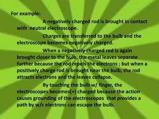 For example:
A negatively charged rod is brought in contact
with neutral electroscope.
Charges are transferred to the bulb and the
electroscope becomes negatively charged.
When a negatively charged rod is again
brought closer to the bulb, the metal leaves separate
further because the rod repels the electrons ; but when a
positively charge rod is brought near the bulb, the rod
attracts electrons and the leaves collapse.
By touching the bulb w/ finger, the
electroscopes becomes(+) charged because the action
causes grounding of the electroscopes that provides a
path by w/c electrons can escape the bulb.
 