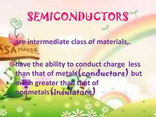 SEMICONDUCTORS
are intermediate class of materials,.
have the ability to conduct charge less
than that of metals(conductors) but
much greater than that of
nonmetals(insulators)
 