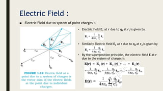 Electric Field :
■ Electric Field due to system of point charges :-
• Electric field E1 at r due to q1 at r1 is given by
• Similarly Electric field E2 at r due to q2 at r2 is given by
• By the superposition principle, the electric field E at r
due to the system of charges is
 