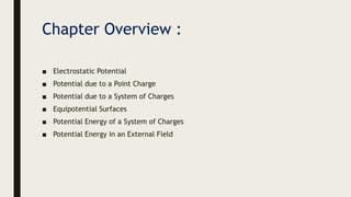 Chapter Overview :
■ Electrostatic Potential
■ Potential due to a Point Charge
■ Potential due to a System of Charges
■ Equipotential Surfaces
■ Potential Energy of a System of Charges
■ Potential Energy in an External Field
 