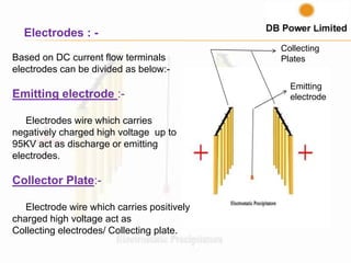 Electrodes : -
Based on DC current flow terminals
electrodes can be divided as below:-
Emitting electrode :-
Electrodes wire which carries
negatively charged high voltage up to
95KV act as discharge or emitting
electrodes.
Collector Plate:-
Electrode wire which carries positively
charged high voltage act as
Collecting electrodes/ Collecting plate.
Collecting
Plates
Emitting
electrode
 