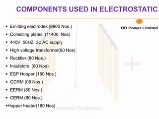 COMPONENTS USED IN ELECTROSTATIC
 Emitting electrodes (9900 Nos.)
 Collecting plates (11400 Nos)
 440V 50HZ 3φ AC supply
 High voltage transformer(80 Nos)
 Rectifier (80 Nos.)
 Insulators (80 Nos)
 ESP Hooper (160 Nos.)
 GDRM (08 Nos.)
 EERM (80 Nos.)
 CERM (80 Nos.)
Hopper heater(160 Nos)
 