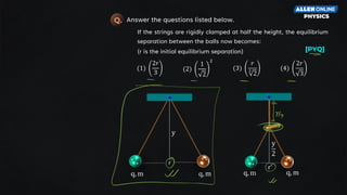 r′
r
(1)
2𝑟
3
(2)
1
2
2
(3)
𝑟
3
2
(4)
2𝑟
3
(r is the initial equilibrium separation)
Answer the questions listed below.
Q.
If the strings are rigidly clamped at half the height, the equilibrium
separation between the balls now becomes:
q, m q, m q, m q, m
y
y
2
[PYQ]
 
