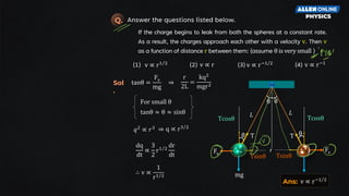 v ∝ r Τ
1 2
(1) v ∝ r
(2) v ∝ r Τ
−1 2
(3) v ∝ r−1
(4)
Answer the questions listed below.
Q.
If the charge begins to leak from both the spheres at a constant rate.
As a result, the charges approach each other with a velocity v. Then v
as a function of distance r between them: (assume θ is very small )
r
Tsinθ
θ
Tcosθ
θ θ
L
Fe
mg mg
Fe
L
Tsinθ
θ
Tcosθ
tanθ =
Fe
mg
r
2L
=
kq2
mgr2
For small θ
tanθ ≈ θ ≈ sinθ
𝑞2
∝ 𝑟3 q ∝ r Τ
3 2
dq
dt
∝
3
2
r Τ
1 2
dr
dt
∴ v ∝
1
r Τ
1 2
Sol
.
⇒
⇒
Ans: v ∝ r Τ
−1 2
 