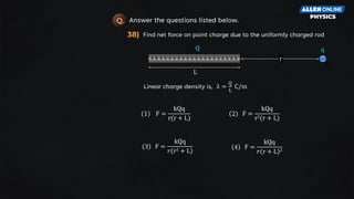 Find net force on point charge due to the uniformly charged rod
Q
L
Linear charge density is, λ =
Q
L
C/m
q
r
Answer the questions listed below.
Q.
38)
F =
kQq
r(r + L)
1 F =
kQq
r2(r + L)
2
F =
kQq
𝑟(r2 + L)
3 F =
kQq
𝑟(r + L)2
4
 