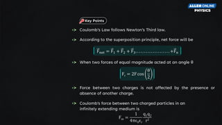 Coulomb’s Law follows Newton’s Third law.
According to the superposition principle, net force will be
Fr = 2F cos
θ
2
When two forces of equal magnitude acted at an angle θ
Force between two charges is not affected by the presence or
absence of another charge.
Coulomb's force between two charged particles in an
infinitely extending medium is
Fm =
1
4πϵ0ϵr
q1q2
r2
Fnet = F1 + F2 + F3. . . . . . . . . . . . . . . . . . . . +Fn
Key Points
 