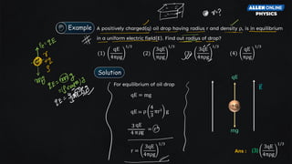 mg
+q
E
qE
For equilibrium of oil drop
qE = mg
ρ
4
3
πr3 g
qE =
r =
3qE
4πρg
1/3
ρ
4 π g
3 qE
= r3
Ans : (3)
3qE
4πρg
1/3
A positively charged(q) oil drop having radius r and density ρ, is in equilibrium
in a uniform electric field(E). Find out radius of drop?
(1)
qE
4πρg
1/3
(2)
3qE
πρg
1/3
(3)
3qE
4πρg
1/3
(4)
qE
πρg
1/3
Example
Solution
 