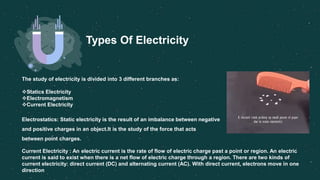The study of electricity is divided into 3 different branches as:
Statics Electricity
Electromagnetism
Current Electricity
Electrostatics: Static electricity is the result of an imbalance between negative
and positive charges in an object.It is the study of the force that acts
between point charges.
Current Electricity : An electric current is the rate of flow of electric charge past a point or region. An electric
current is said to exist when there is a net flow of electric charge through a region. There are two kinds of
current electricity: direct current (DC) and alternating current (AC). With direct current, electrons move in one
direction
Types Of Electricity
 