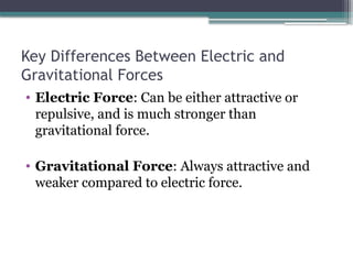 Key Differences Between Electric and
Gravitational Forces
• Electric Force: Can be either attractive or
repulsive, and is much stronger than
gravitational force.
• Gravitational Force: Always attractive and
weaker compared to electric force.
 