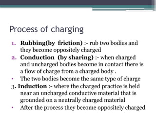 Process of charging
1. Rubbing(by friction) :- rub two bodies and
they become oppositely charged
2. Conduction (by sharing) :- when charged
and uncharged bodies become in contact there is
a flow of charge from a charged body .
• The two bodies become the same type of charge
3. Induction :- where the charged practice is held
near an uncharged conductive material that is
grounded on a neutrally charged material
• After the process they become oppositely charged
 