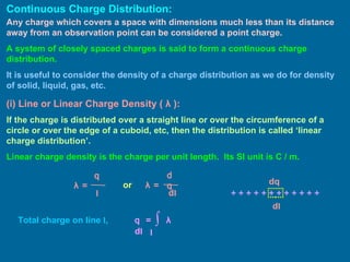 Continuous Charge Distribution: Any charge which covers a space with dimensions much less than its distance away from an observation point can be considered a point charge. A system of closely spaced charges is said to form a continuous charge distribution.  It is useful to consider the density of a charge distribution as we do for density of solid, liquid, gas, etc. (i) Line or Linear Charge Density (  λ  ) : If the charge is distributed over a straight line or over the circumference of a circle or over the edge of a cuboid, etc, then the distribution is called ‘linear charge distribution’. Linear charge density is the charge per unit length.  Its SI unit is C / m. or + + + + + + + + + + + +  dq d l Total charge on line  l , q λ  =  l λ  =  dq d l q =  ∫  λ   d l l 