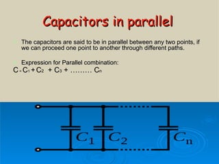 Capacitors in parallel   The capacitors are said to be in parallel between any two points, if we can proceed one point to another through different paths. Expression for Parallel combination: C  =  C 1  +   C 2   + C 3  + ……… C n 