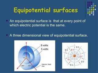 Equipotential surfaces An equipotential surface is  that at every point of which electric potential is the same. A three dimensional view of equipotential surface. 