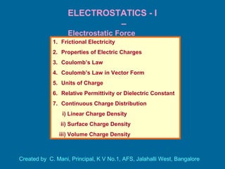 ELECTROSTATICS - I
–
Electrostatic Force
1. Frictional Electricity
2. Properties of Electric Charges
3. Coulomb’s Law
4. Coulomb’s Law in Vector Form
5. Units of Charge
6. Relative Permittivity or Dielectric Constant
7. Continuous Charge Distribution
i) Linear Charge Density
ii) Surface Charge Density
iii) Volume Charge Density
Created by C. Mani, Principal, K V No.1, AFS, Jalahalli West, Bangalore
 