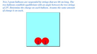 Two 2 gram balloons are suspended by strings that are 60 cm long. The
two balloons establish equilibrium with an angle between the two strings
of 250. Determine the charge on each balloon. Assume the same amount
of charge is on each.
 