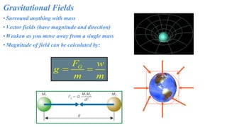 Gravitational Fields
•Surround anything with mass
•Vector fields (have magnitude and direction)
•Weaken as you move away from a single mass
•Magnitude of field can be calculated by:
 