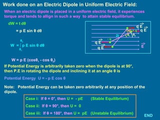 Work done on an Electric Dipole in Uniform Electric Field: dW =  t d θ = p E sin  θ  d θ W  =  ∫  p E sin  θ  d θ W = p E (cos θ 1  - cos  θ 2 ) If Potential Energy is arbitrarily taken zero when the dipole is at 90 °, then P.E in rotating the dipole and inclining it at an angle  θ  is Potential Energy  U = - p E cos  θ Note:  Potential Energy can be taken zero arbitrarily   at any position of the dipole. - q 2 l + q When an electric dipole is placed in a uniform electric field, it experiences torque and tends to allign in such a way  to attain stable equilibrium.  Case i:   If  θ  = 0 ° , then  U =  - pE  (Stable Equilibrium) Case ii:  If  θ  = 90 ° , then  U =  0  Case iii:  If  θ  = 180°, then  U   =  pE  (Unstable Equilibrium)  END θ 1 θ 2 q E E θ 1 θ 2 q E q E q E d θ 