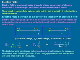 Electric Field: Electric field is a region of space around a charge or a system of charges within which other charged particles experience electrostatic forces. Theoretically, electric field extends upto infinity but practically it is limited to a certain distance. Electric Field Strength or Electric Field Intensity or Electric Field: Electric field strength at a point in an electric field is the electrostatic force per unit positive charge acting on a vanishingly small positive test charge placed at that point. The test charge is considered to be  vanishingly small  because its presence should not alter the configuration of the charge(s) and thus the electric field which is intended to be measured. or or + q 0 + q 0 + q - q q – Source charge,  q 0  – Test charge,  F – Force &  E -  Field E   =   ∆ q F Lt ∆ q -> 0 q 0 F E   =   q r 2 1 4 π ε 0 E   =   r F F 