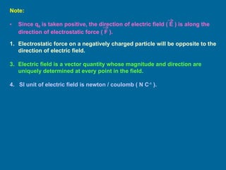 Electrostatic force on a negatively charged particle will be opposite to the direction of electric field. Electric field is a vector quantity whose magnitude and direction are uniquely determined at every point in the field. 4.   SI unit of electric field is newton / coulomb ( N C -1  ). Note:  Since q 0  is taken positive, the direction of electric field ( E ) is along the direction of electrostatic force ( F ). 
