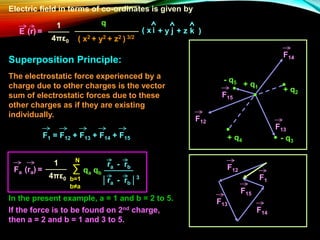 Electric field in terms of co-ordinates is given by
( x2 + y2 + z2 ) 3/2
1
4πε0
E (r) =
q
i j k
( x + y + z )
Superposition Principle:
+ q2
- q3
- q5
+ q4
+ q1
F12
F14
F15
F13
The electrostatic force experienced by a
charge due to other charges is the vector
sum of electrostatic forces due to these
other charges as if they are existing
individually.
F1 = F12 + F13 + F14 + F15
F12
F14
F15
F13
F1
qa qb
1
4πε0
Fa (ra) = ∑
b=1
b≠a
N
ra - rb
ra - rb
│ │3
In the present example, a = 1 and b = 2 to 5.
If the force is to be found on 2nd charge,
then a = 2 and b = 1 and 3 to 5.
 