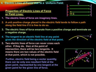 4. Electric Lines of Force due to a Uniform Field:
+
+
+
+
-
-
-
-
E
Properties of Electric Lines of Force
or Field Lines:
1. The electric lines of force are imaginary lines.
2. A unit positive charge placed in the electric field tends to follow a path
along the field line if it is free to do so.
3. The electric lines of force emanate from a positive charge and terminate on
a negative charge.
4. The tangent to an electric field line at any point
gives the direction of the electric field at that point.
5. Two electric lines of force can never cross each
other. If they do, then at the point of
intersection, there will be two tangents. It
means there are two values of the electric field
at that point, which is not possible.
Further, electric field being a vector quantity,
there can be only one resultant field at the
given point, represented by one tangent at the
given point for the given line of force.
E1
E2
E
+1 C
E
.
P
 