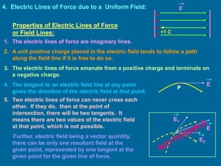 4. Electric Lines of Force due to a Uniform Field:
+
+
+
+
-
-
-
-
E
Properties of Electric Lines of Force
or Field Lines:
1. The electric lines of force are imaginary lines.
2. A unit positive charge placed in the electric field tends to follow a path
along the field line if it is free to do so.
3. The electric lines of force emanate from a positive charge and terminate on
a negative charge.
4. The tangent to an electric field line at any point
gives the direction of the electric field at that point.
5. Two electric lines of force can never cross each
other. If they do, then at the point of
intersection, there will be two tangents. It
means there are two values of the electric field
at that point, which is not possible.
Further, electric field being a vector quantity,
there can be only one resultant field at the
given point, represented by one tangent at the
given point for the given line of force.
E1
E2
E
+1 C
E
.
P
 