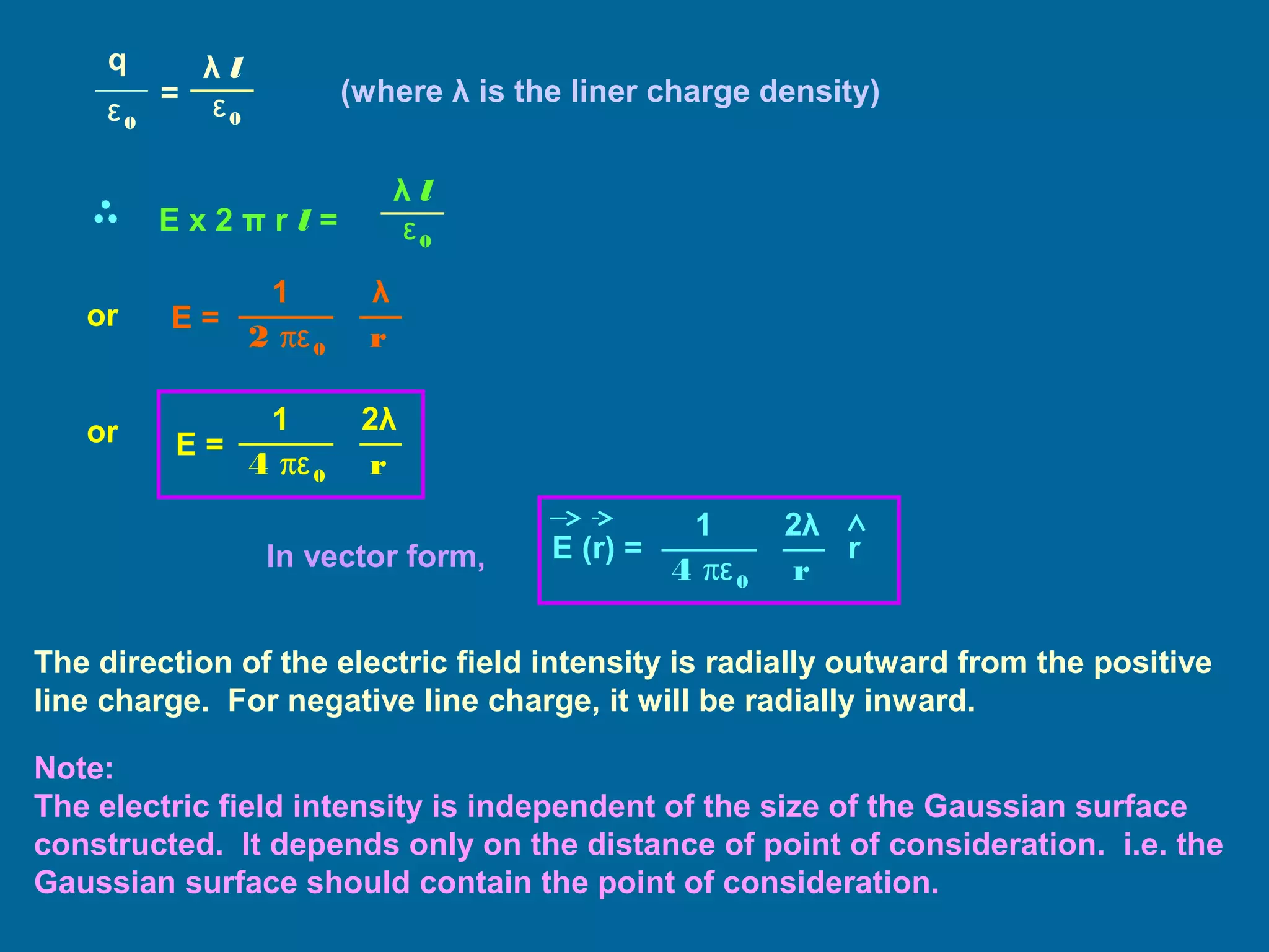 q
ε0
=
λ l
ε0
(where λ is the liner charge density)
E x 2 π r l =
λ l
ε0
or E =
2 πε0
1 λ
r
or E =
4 πε0
1 2λ
r
In vector form, E (r) =
4 πε0
1 2λ
r
r
The direction of the electric field intensity is radially outward from the positive
line charge. For negative line charge, it will be radially inward.
Note:
The electric field intensity is independent of the size of the Gaussian surface
constructed. It depends only on the distance of point of consideration. i.e. the
Gaussian surface should contain the point of consideration.
 