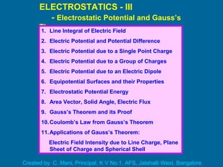 ELECTROSTATICS - III
- Electrostatic Potential and Gauss’s
Theorem1. Line Integral of Electric Field
2. Electric Potential and Potential Difference
3. Electric Potential due to a Single Point Charge
4. Electric Potential due to a Group of Charges
5. Electric Potential due to an Electric Dipole
6. Equipotential Surfaces and their Properties
7. Electrostatic Potential Energy
8. Area Vector, Solid Angle, Electric Flux
9. Gauss’s Theorem and its Proof
10.Coulomb’s Law from Gauss’s Theorem
11.Applications of Gauss’s Theorem:
Electric Field Intensity due to Line Charge, Plane
Sheet of Charge and Spherical Shell
Created by C. Mani, Principal, K V No.1, AFS, Jalahalli West, Bangalore
 