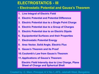 ELECTROSTATICS - III
- Electrostatic Potential and Gauss’s Theorem
1. Line Integral of Electric Field
2. Electric Potential and Potential Difference
3. Electric Potential due to a Single Point Charge
4. Electric Potential due to a Group of Charges
5. Electric Potential due to an Electric Dipole
6. Equipotential Surfaces and their Properties
7. Electrostatic Potential Energy
8. Area Vector, Solid Angle, Electric Flux
9. Gauss’s Theorem and its Proof
10.Coulomb’s Law from Gauss’s Theorem
11.Applications of Gauss’s Theorem:
Electric Field Intensity due to Line Charge, Plane
Sheet of Charge and Spherical Shell
Created by C. Mani, Principal, K V No.1, AFS, Jalahalli West, Bangalore
 