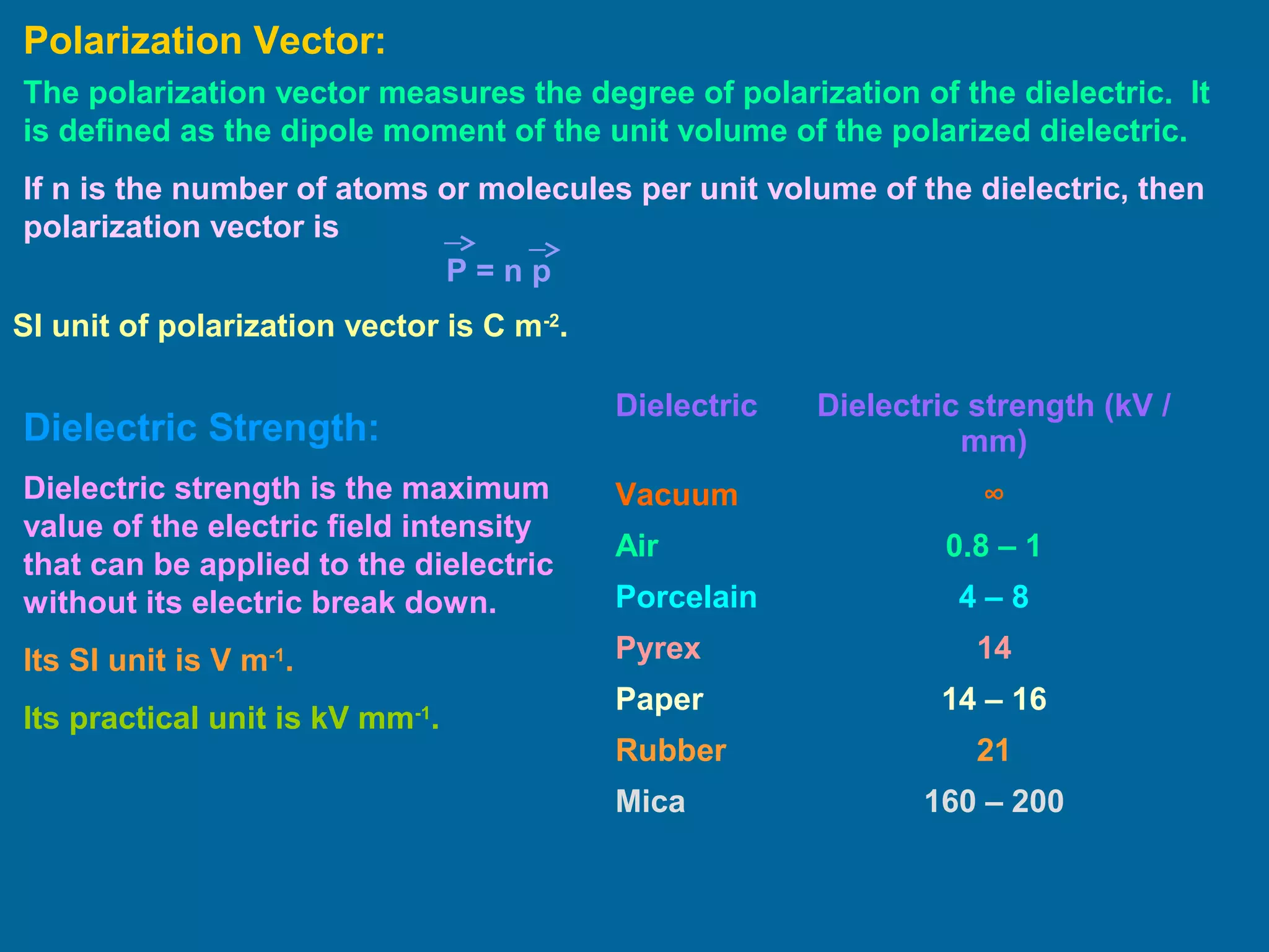 Polarization Vector:
The polarization vector measures the degree of polarization of the dielectric. It
is defined as the dipole moment of the unit volume of the polarized dielectric.
If n is the number of atoms or molecules per unit volume of the dielectric, then
polarization vector is
P = n p
SI unit of polarization vector is C m-2
.
Dielectric Strength:
Dielectric strength is the maximum
value of the electric field intensity
that can be applied to the dielectric
without its electric break down.
Its SI unit is V m-1
.
Its practical unit is kV mm-1
.
Dielectric Dielectric strength (kV /
mm)
Vacuum ∞
Air 0.8 – 1
Porcelain 4 – 8
Pyrex 14
Paper 14 – 16
Rubber 21
Mica 160 – 200
 