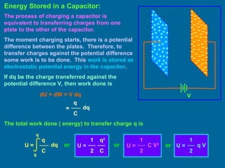 Energy Stored in a Capacitor:
V
The process of charging a capacitor is
equivalent to transferring charges from one
plate to the other of the capacitor.
The moment charging starts, there is a potential
difference between the plates. Therefore, to
transfer charges against the potential difference
some work is to be done. This work is stored as
electrostatic potential energy in the capacitor.
If dq be the charge transferred against the
potential difference V, then work done is
dU = dW = V dq
q
=
C
dq
The total work done ( energy) to transfer charge q is
U =
0
q
q
C
dq U =
q2
C
1
2
U =
1
2
C V2
U =
1
2
q V
or or or
 