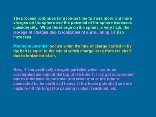 The process continues for a longer time to store more and more
charges on the sphere and the potential of the sphere increases
considerably. When the charge on the sphere is very high, the
leakage of charges due to ionization of surrounding air also
increases.
Maximum potential occurs when the rate of charge carried in by
the belt is equal to the rate at which charge leaks from the shell
due to ionization of air.
Now, if the positively charged particles which are to be
accelerated are kept at the top of the tube T, they get accelerated
due to difference in potential (the lower end of the tube is
connected to the earth and hence at the lower potential) and are
made to hit the target for causing nuclear reactions, etc.
 
