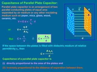 Capacitance of Parallel Plate Capacitor:
Parallel plate capacitor is an arrangement of two
parallel conducting plates of equal area
separated by air medium or any other insulating
medium such as paper, mica, glass, wood,
ceramic, etc.
A
σ
d
A
σ E
V = E d
σ
ε0
= d
or
q d
V =
A ε0
But
d
C =
A ε0
C =
q
V
If the space between the plates is filled with dielectric medium of relative
permittivity εr, then
d
C =
A ε0 εr
Capacitance of a parallel plate capacitor is
(i) directly proportional to the area of the plates and
(ii) inversely proportional to the distance of separation between them.
 
