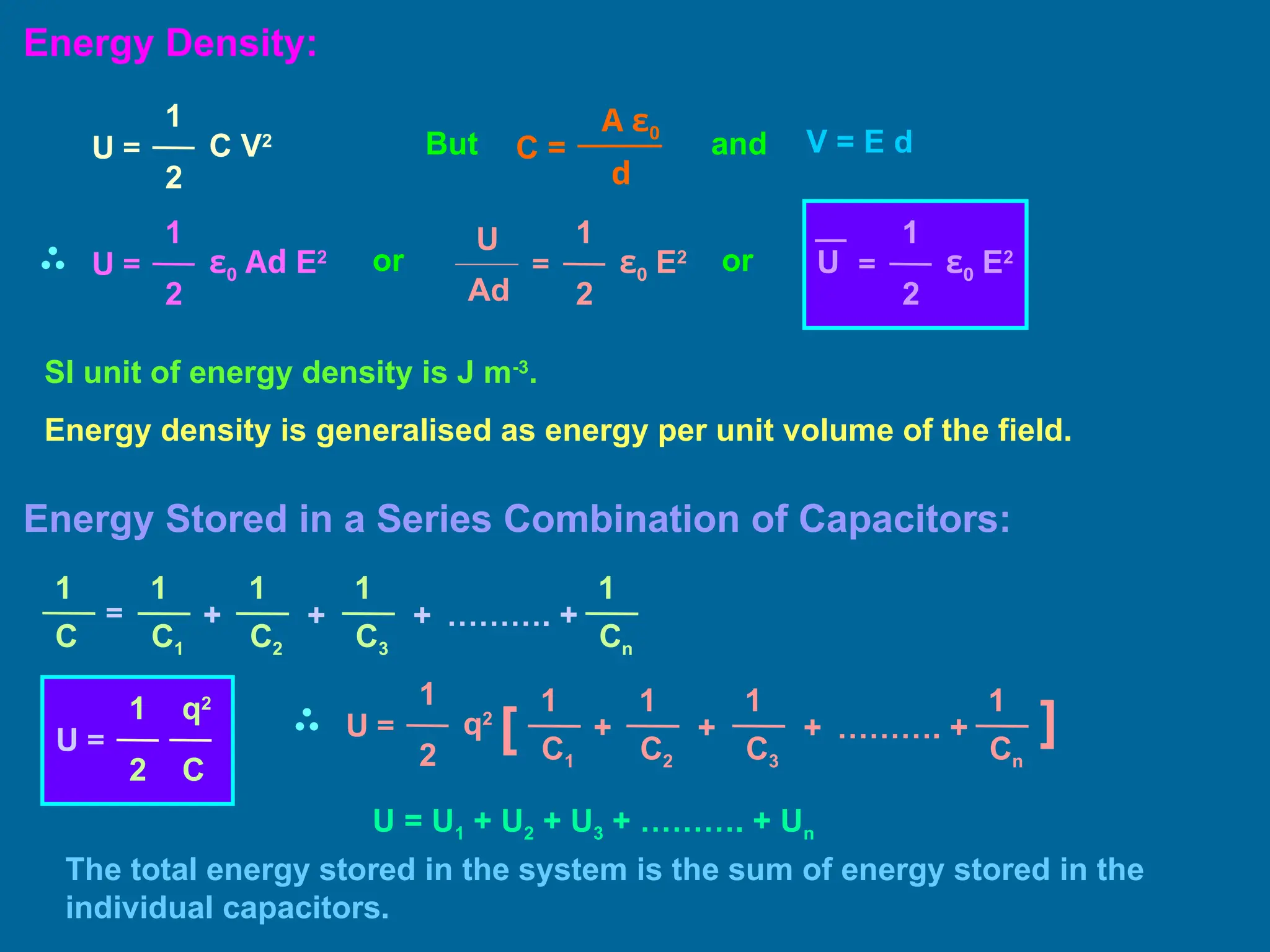 Energy Density:
U =
1
2
C V2
d
C =
A ε0
V = E d
and
U =
1
2
ε0 Ad E2
1
2
ε0 E2
=
U
Ad
1
2
ε0 E2
=
U
But
or or
SI unit of energy density is J m-3
.
Energy density is generalised as energy per unit volume of the field.
Energy Stored in a Series Combination of Capacitors:
1
=
C1
+
C2
1
+
C3
1
1
C
+
Cn
1
………. +
U =
q2
C
1
2
U =
1
2
q2
1
[ C1
+
C2
1
+
C3
1
+
Cn
1
………. + ]
U = U1 + U2 + U3 + ………. + Un
The total energy stored in the system is the sum of energy stored in the
individual capacitors.
 