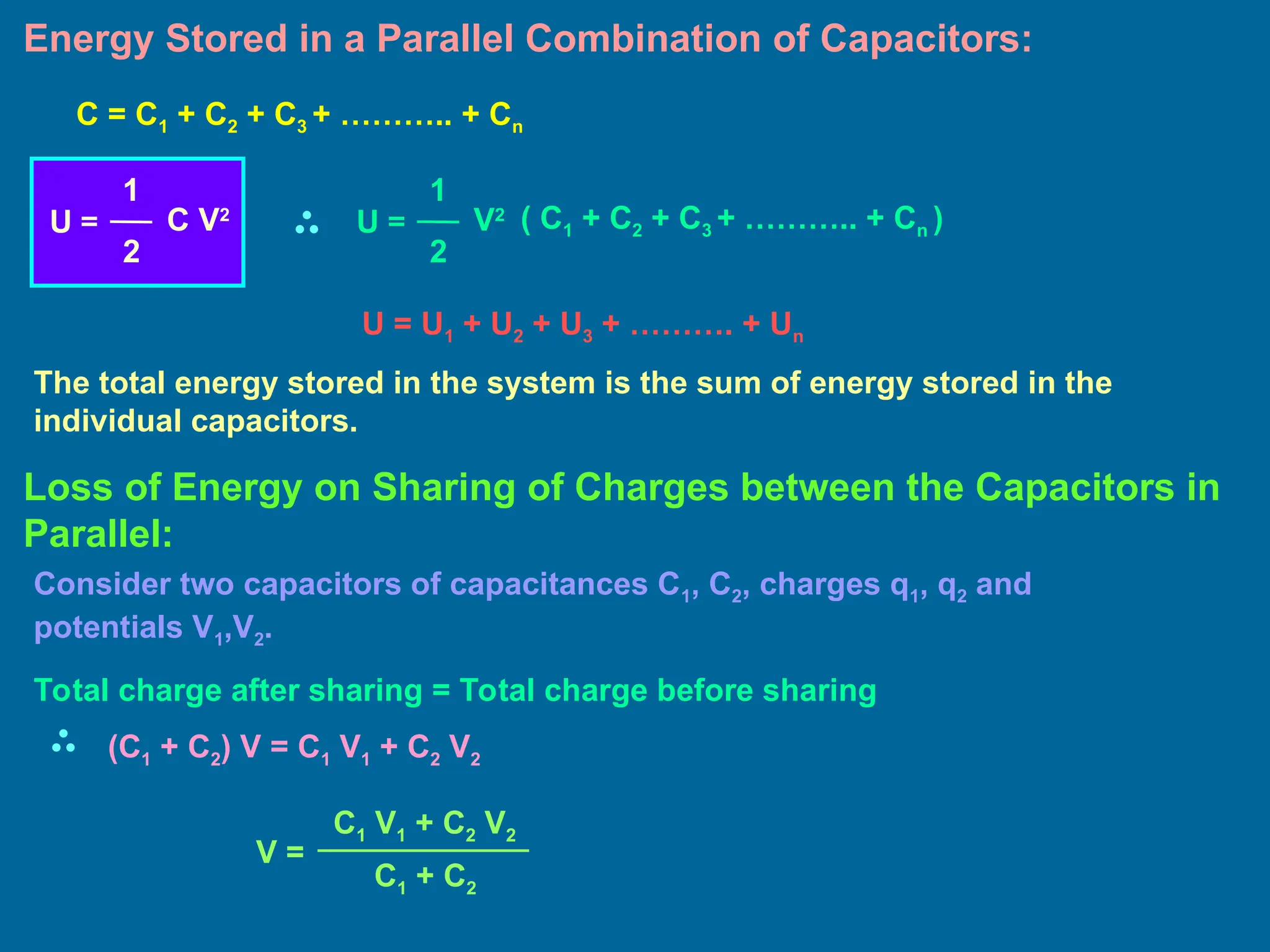 Energy Stored in a Parallel Combination of Capacitors:
U = U1 + U2 + U3 + ………. + Un
The total energy stored in the system is the sum of energy stored in the
individual capacitors.
C = C1 + C2 + C3 + ……….. + Cn
U =
1
2
C V2
U =
1
2
V2 ( C1 + C2 + C3 + ……….. + Cn )
Loss of Energy on Sharing of Charges between the Capacitors in
Parallel:
Consider two capacitors of capacitances C1, C2, charges q1, q2 and
potentials V1,V2.
Total charge after sharing = Total charge before sharing
(C1 + C2) V = C1 V1 + C2 V2
V =
C1 V1 + C2 V2
C1 + C2
 