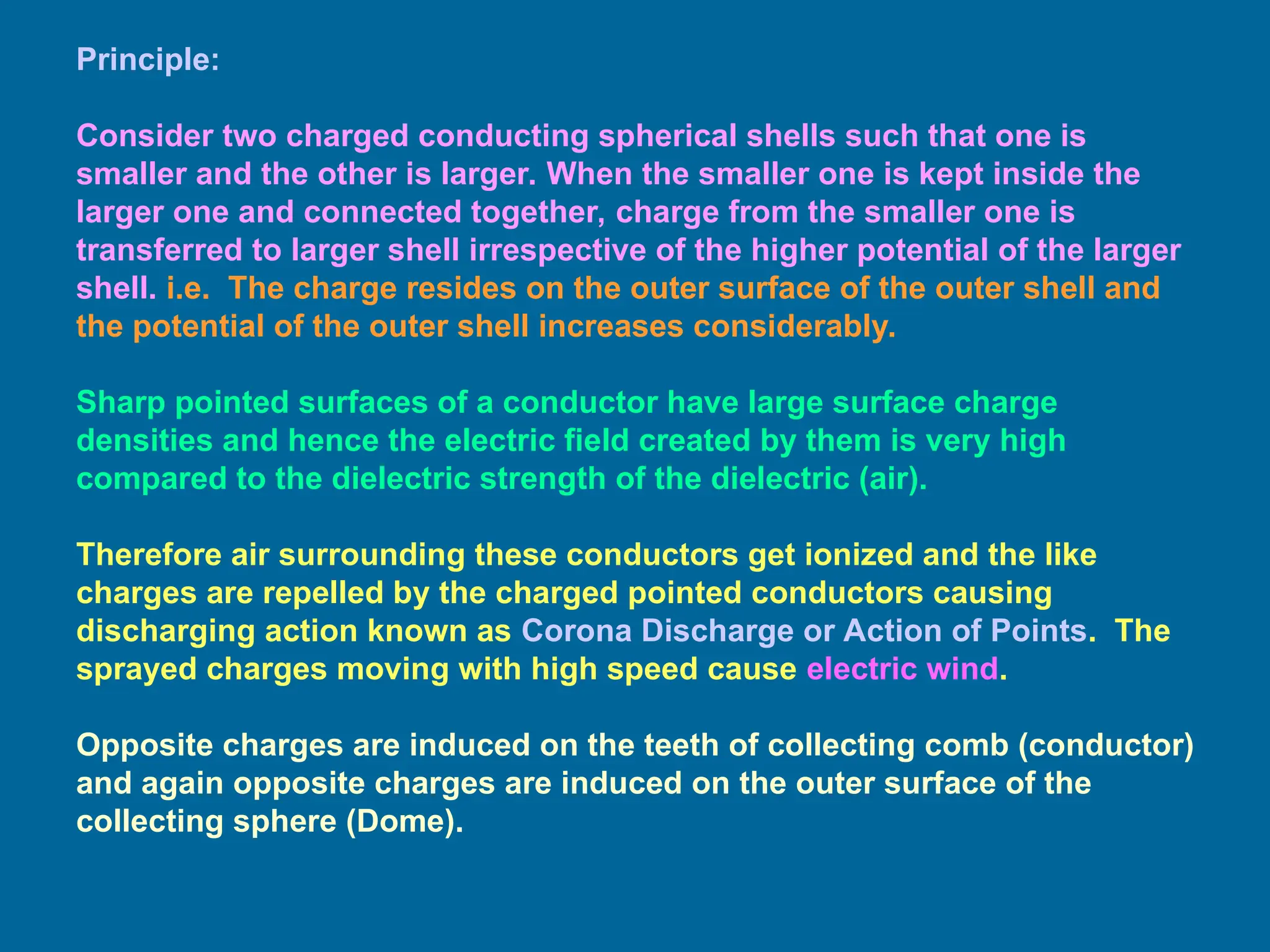 Principle:
Consider two charged conducting spherical shells such that one is
smaller and the other is larger. When the smaller one is kept inside the
larger one and connected together, charge from the smaller one is
transferred to larger shell irrespective of the higher potential of the larger
shell. i.e. The charge resides on the outer surface of the outer shell and
the potential of the outer shell increases considerably.
Sharp pointed surfaces of a conductor have large surface charge
densities and hence the electric field created by them is very high
compared to the dielectric strength of the dielectric (air).
Therefore air surrounding these conductors get ionized and the like
charges are repelled by the charged pointed conductors causing
discharging action known as Corona Discharge or Action of Points. The
sprayed charges moving with high speed cause electric wind.
Opposite charges are induced on the teeth of collecting comb (conductor)
and again opposite charges are induced on the outer surface of the
collecting sphere (Dome).
 