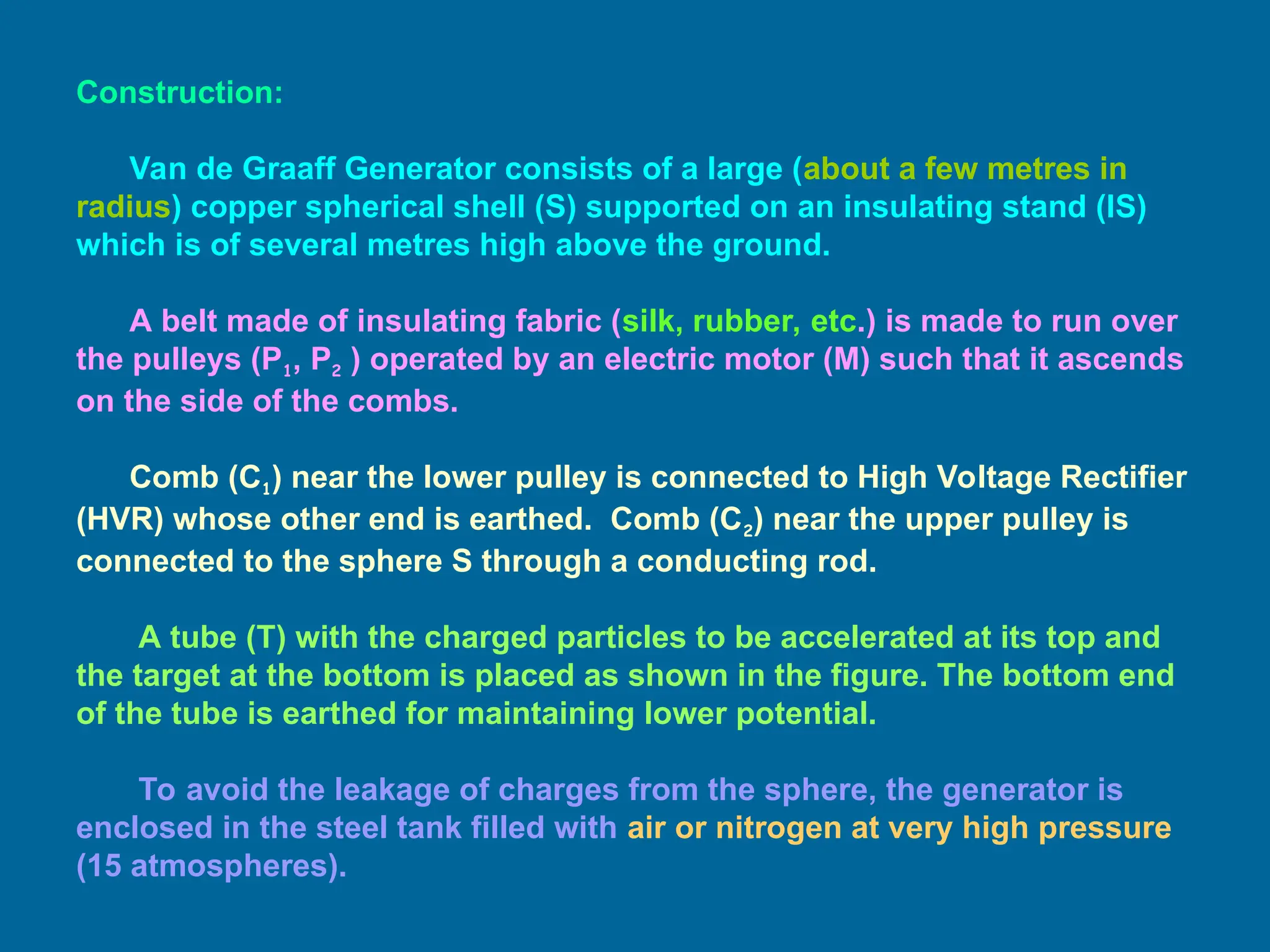 Construction:
Van de Graaff Generator consists of a large (about a few metres in
radius) copper spherical shell (S) supported on an insulating stand (IS)
which is of several metres high above the ground.
A belt made of insulating fabric (silk, rubber, etc.) is made to run over
the pulleys (P1, P2 ) operated by an electric motor (M) such that it ascends
on the side of the combs.
Comb (C1) near the lower pulley is connected to High Voltage Rectifier
(HVR) whose other end is earthed. Comb (C2) near the upper pulley is
connected to the sphere S through a conducting rod.
A tube (T) with the charged particles to be accelerated at its top and
the target at the bottom is placed as shown in the figure. The bottom end
of the tube is earthed for maintaining lower potential.
To avoid the leakage of charges from the sphere, the generator is
enclosed in the steel tank filled with air or nitrogen at very high pressure
(15 atmospheres).
 