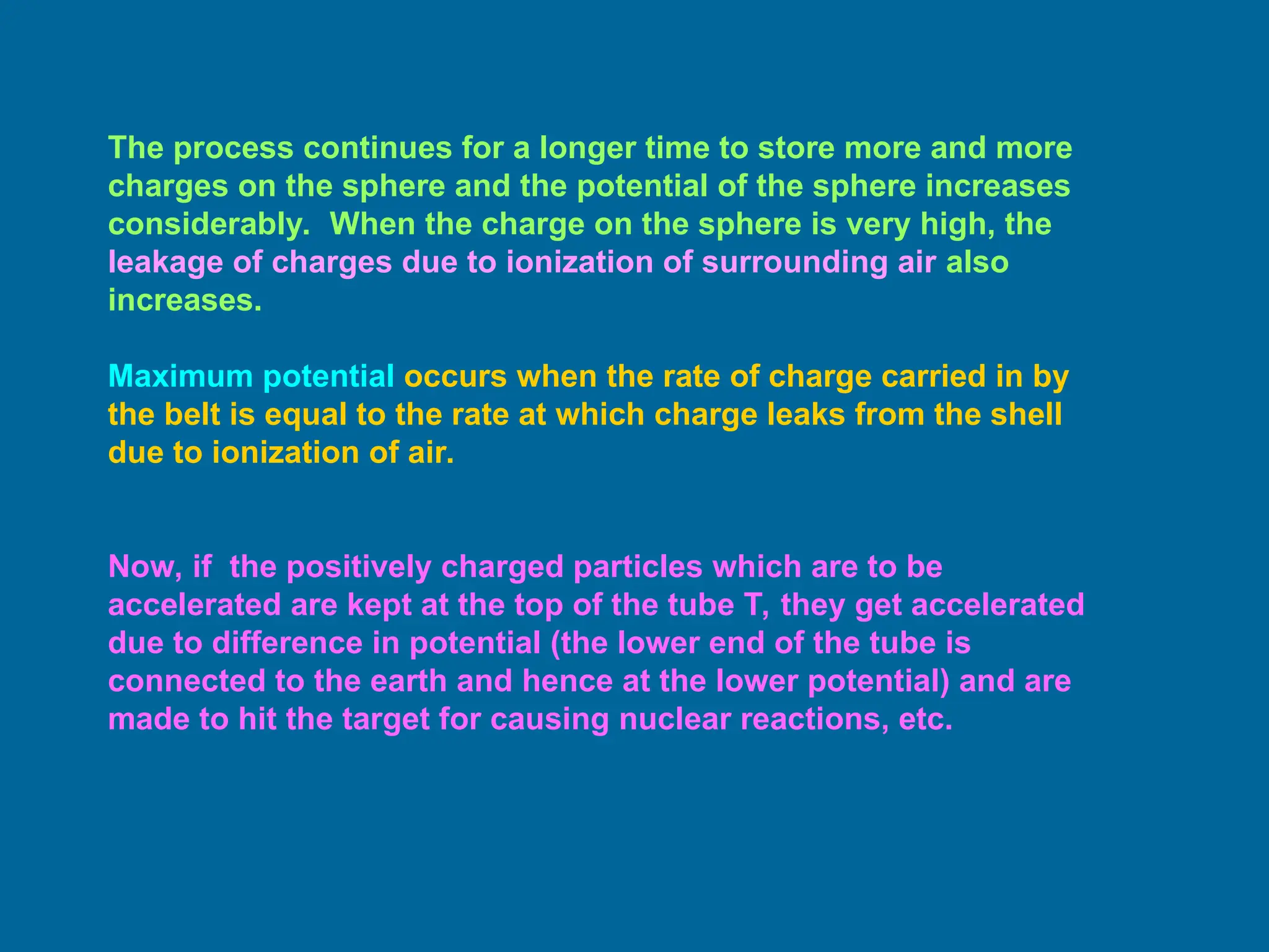 The process continues for a longer time to store more and more
charges on the sphere and the potential of the sphere increases
considerably. When the charge on the sphere is very high, the
leakage of charges due to ionization of surrounding air also
increases.
Maximum potential occurs when the rate of charge carried in by
the belt is equal to the rate at which charge leaks from the shell
due to ionization of air.
Now, if the positively charged particles which are to be
accelerated are kept at the top of the tube T, they get accelerated
due to difference in potential (the lower end of the tube is
connected to the earth and hence at the lower potential) and are
made to hit the target for causing nuclear reactions, etc.
 