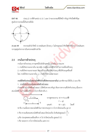 ฟิสิกส์ ไฟฟ้าสถิต www.clipvidva.com
17
ENT 48 ประจุ Q วางที่ตาแหน่ง A, B, C และ D ของวงกลมที่มีรัศมี R ดังรูป ศักย์ไฟฟ้าที่จุด
ศูนย์กลางวงกลมนี้เป็นตามข้อใด
A-net 49 ทรงกลมตัวนารัศมี 10 เซนติเมตร มีประจุ 1 ไมโครคูลอมบ์ ศักย์ไฟฟ้าที่ระยะ 5 เซนติเมตร
จากจุดศูนย์กลางภายในทรงกลมมีค่าเท่าใด
2.5 งานในการย้ายประจุ
งานในการย้ายประจุ จากจุดหนึ่งไปยังอีกจุดหนึ่ง แบ่งเป็น 2 ประเภท
1. งานที่เกิดจากแรงภายใน หมายถึง งานที่สนามไฟฟ้าทาได้ ในการเคลื่อนที่ประจุ
2. งานที่เกิดจากแรงภายนอก หมายถึง งานที่เราใส่แก่ประจุ เพื่อให้ประจุเคลื่อนที่
โดย งานที่เกิดจากแรงภายใน = - งานที่เกิดจากแรงภายนอก
งานที่เกิดกับประจุในสนามไฟฟ้า(งานที่เกิดจากแรงภายใน) แยกพิจารณาได้เป็น 2 แบบ คือ
1. งานที่เกิดกับประจุในสนามไฟฟ้าสม่าเสมอ
กาหนดให้ สนามไฟฟ้าสม่าเสมอ E มีทิศไปทางขวาดังรูป ต้องการหางานที่เกิดกับประจุ เนื่องจาก
สนามไฟฟ้า ในการเคลื่อนที่จาก A ไป B ซึ่งห่างกัน S
จากสูตรของงาน W FScos
F = qE
แทนค่า W = qES โดยที่
W คือ งานเนื่องจากสนามไฟฟ้าในการพาประจุจาก A ไป B มีหน่วยเป็น จูล (J)
E คือ ความเข้มของสนามไฟฟ้าสม่าเสมอ มีหน่วยเป็น นิวตันต่อคูลอมบ์ (
N
C
)
q คือ ประจุทดสอบเคลื่อนที่จาก A ไป B มีหน่วยเป็น คูลอมบ์ (C)
S คือ ระยะจาก A ไป B มีหน่วยเป็น เมตร (m)
F = Eq
E
+q
A BS
A
B
C
D
+Q
+Q
+Q
+Q
O
R
 
