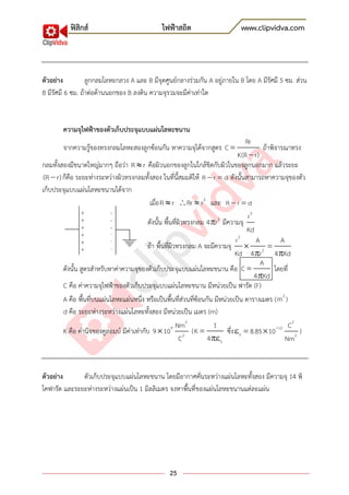 ฟิสิกส์ ไฟฟ้าสถิต www.clipvidva.com
25
ตัวอย่าง ลูกกลมโลหะกลวง A และ B มีจุดศูนย์กลางร่วมกัน A อยู่ภายใน B โดย A มีรัศมี 5 ซม. ส่วน
B มีรัศมี 6 ซม. ถ้าต่อด้านนอกของ B ลงดิน ความจุรวมจะมีค่าเท่าใด
ความจุไฟฟ้าของตัวเก็บประจุแบบแผ่นโลหะขนาน
จากความรู้ของทรงกลมโลหะสองลูกซ้อนกัน หาความจุได้จากสูตร
Rr
C
K(R r)
ถ้าพิจารณาทรง
กลมทั้งสองมีขนาดใหญ่มากๆ ถือว่า R r คือผิวนอกของลูกในใกล้ชิดกับผิวในของลูกนอกมาก แล้วระยะ
(R r)ก็คือ ระยะห่างระหว่างผิวทรงกลมทั้งสอง ในที่นี้สมมติให้ R r d ดังนั้นสามารถหาความจุของตัว
เก็บประจุแบบแผ่นโลหะขนานได้จาก
เมื่อR r 2
Rr r และ R r d
ดังนั้น พื้นที่ผิวทรงกลม 2
4 r มีความจุ
2
r
Kd
ถ้า พื้นที่ผิวทรงกลม A จะมีความจุ
2
2
r A A
Kd 4 r 4 Kd 
ดังนั้น สูตรสาหรับหาค่าความจุของตัวเก็บประจุแบบแผ่นโลหะขนาน คือ
A
C
4 Kd
โดยที่
C คือ ค่าความจุไฟฟ้าของตัวเก็บประจุแบบแผ่นโลหะขนาน มีหน่วยเป็น ฟารัด (F)
A คือ พื้นที่บนแผ่นโลหะแผ่นหนึ่ง หรือเป็นพื้นที่ส่วนที่ซ้อนกัน มีหน่วยเป็น ตารางเมตร ( 2
m )
d คือ ระยะห่างระหว่างแผ่นโลหะทั้งสอง มีหน่วยเป็น เมตร (m)
K คือ ค่านิจของคูลอมบ์ มีค่าเท่ากับ 9
9 10
2
2
Nm
C
(
0
1
K
4
ซึ่ง
2
12
0 2
C
8.85 10
Nm
 )
ตัวอย่าง ตัวเก็บประจุแบบแผ่นโลหะขนาน โดยมีอากาศคั่นระหว่างแผ่นโลหะทั้งสอง มีความจุ 14 พิ
โคฟารัด และระยะห่างระหว่างแผ่นเป็น 1 มิลลิเมตร จงหาพื้นที่ของแผ่นโลหะขนานแต่ละแผ่น
+
+
+
+
+
+
-
-
-
-
-
-
 