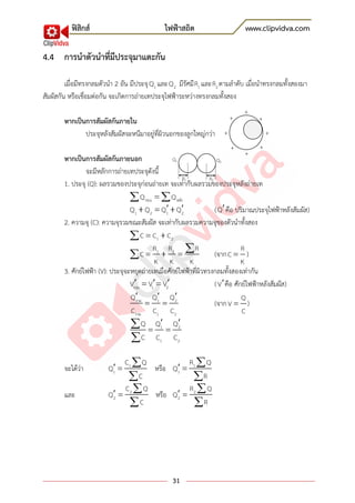 ฟิสิกส์ ไฟฟ้าสถิต www.clipvidva.com
31
4.4 การนาตัวนาที่มีประจุมาแตะกัน
เมื่อมีทรงกลมตัวนา 2 อัน มีประจุ 1Q และ 2Q มีรัศมี 1R และ 2R ตามลาดับ เมื่อนาทรงกลมทั้งสองมา
สัมผัสกัน หรือเชื่อมต่อกัน จะเกิดการถ่ายเทประจุไฟฟ้าระหว่างทรงกลมทั้งสอง
หากเป็นการสัมผัสกันภายใน
ประจุหลังสัมผัสจะหนีมาอยู่ที่ผิวนอกของลูกใหญ่กว่า
หากเป็นการสัมผัสกันภายนอก
จะมีหลักการถ่ายเทประจุดังนี้
1. ประจุ (Q): ผลรวมของประจุก่อนถ่ายเท จะเท่ากับผลรวมของประจุหลังถ่ายเท
ก่อน หลังQ Q
1 2 1 2Q Q Q Q (Q คือ ปริมาณประจุไฟฟ้าหลังสัมผัส)
2. ความจุ (C): ความจุรวมขณะสัมผัส จะเท่ากับผลรวมความจุของตัวนาทั้งสอง
1 2C C C
1 2 RR R
C
K K K
(จาก
R
C
K
)
3. ศักย์ไฟฟ้า (V): ประจุจะหยุดถ่ายเทเมื่อศักย์ไฟฟ้าที่ผิวทรงกลมทั้งสองเท่ากัน
รวม 1 2V V V (V คือ ศักย์ไฟฟ้าหลังสัมผัส)
รวม 1 2
รวม 1 2
Q Q Q
C C C
(จาก
Q
V
C
)
1 2
1 2
Q Q Q
C C C
จะได้ว่า 1
1
C Q
Q
C
หรือ 1
1
R Q
Q
R
และ 2
2
C Q
Q
C
หรือ 2
2
R Q
Q
R
+
++
+
+
+
+
+
R1 R2
Q1 Q2
 